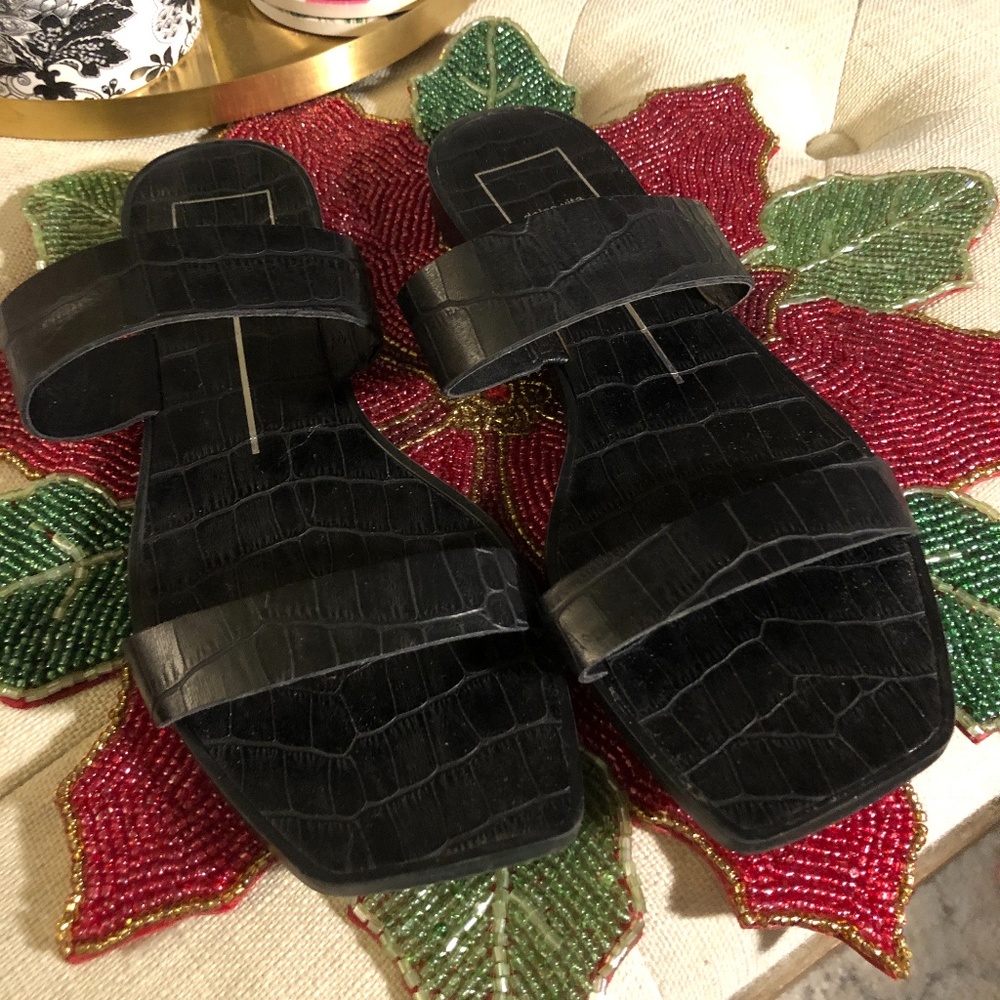 Black Double Strap Croc Flat Sandals 8.5